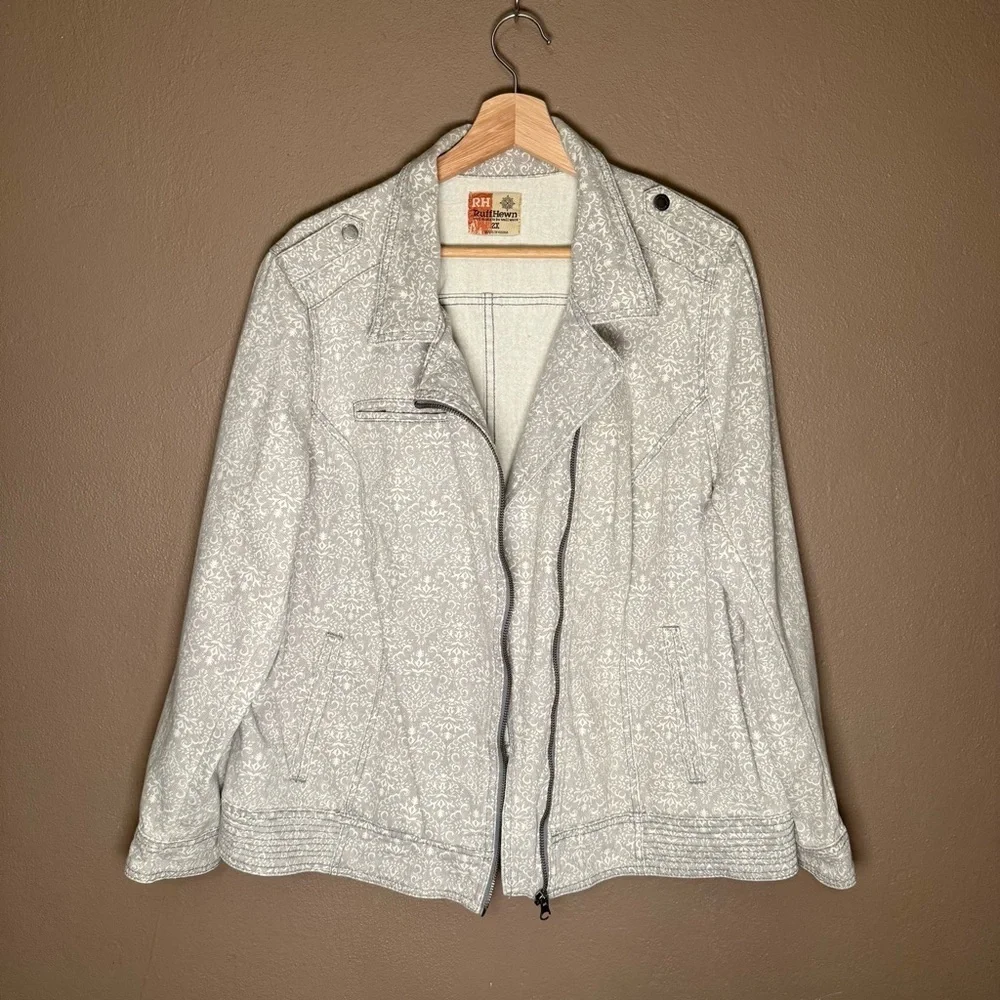 Ruff Hewn Gray & White Cotton Denim Moto Jacket Women's Plus Size 2X Streetwear - Picture 3 of 15